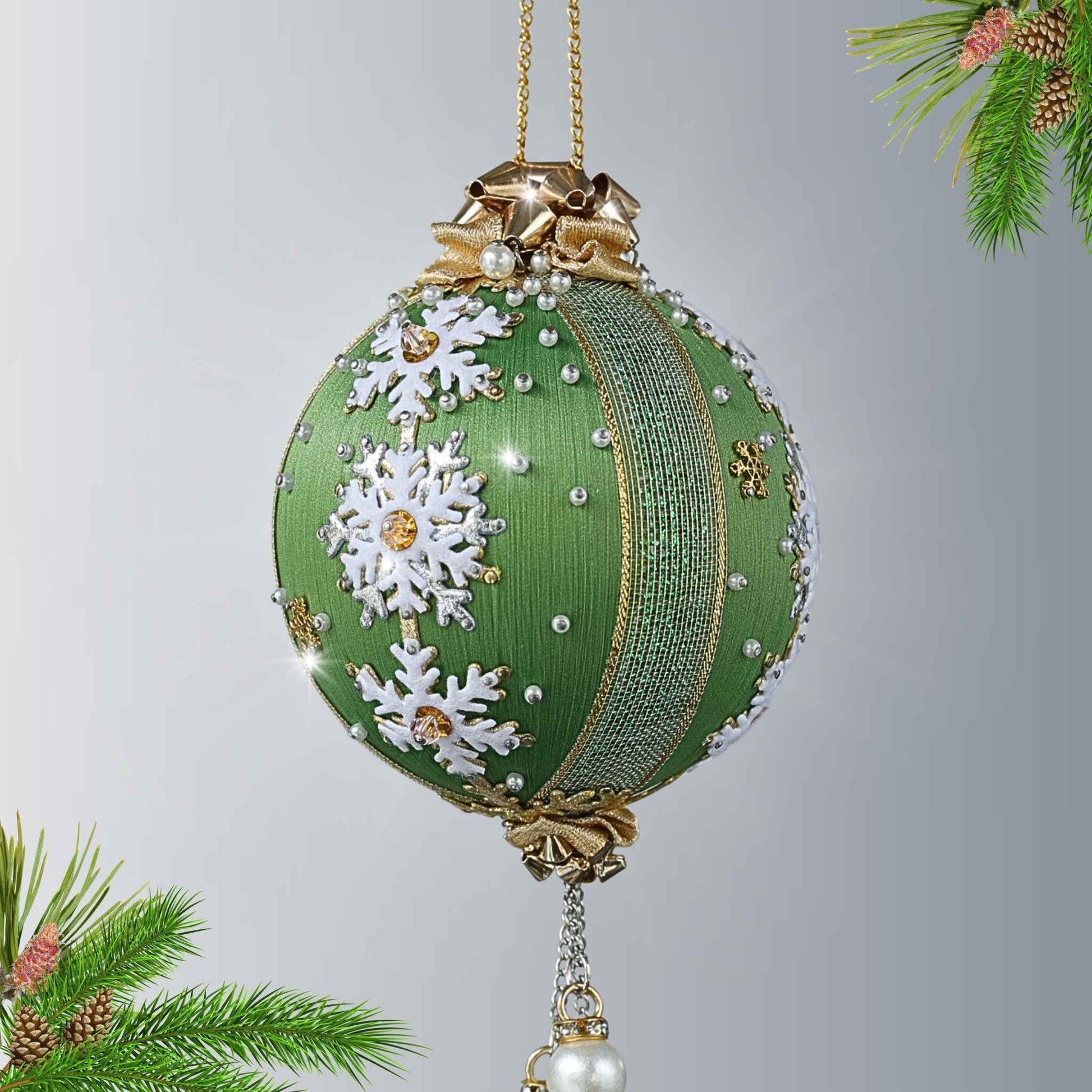 Handcrafted vintage style satin push pin ornament with white snowflake trims, gold chains, and pearl beads, hanging on a gold chain by Whim5seasons.