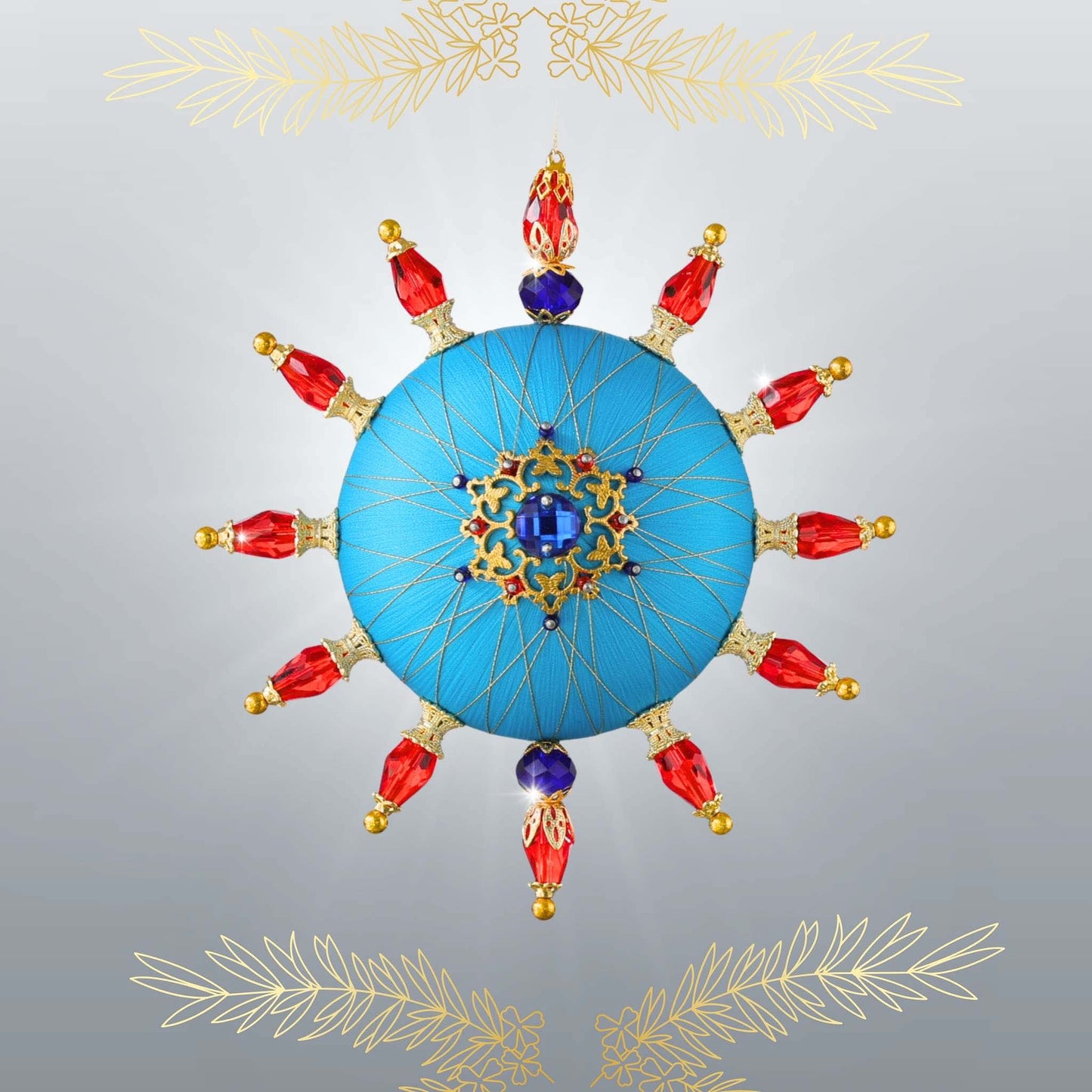 Handmade sequin & beaded push pin ornament in blue with real gold and glass red beads by Whim5seasons.