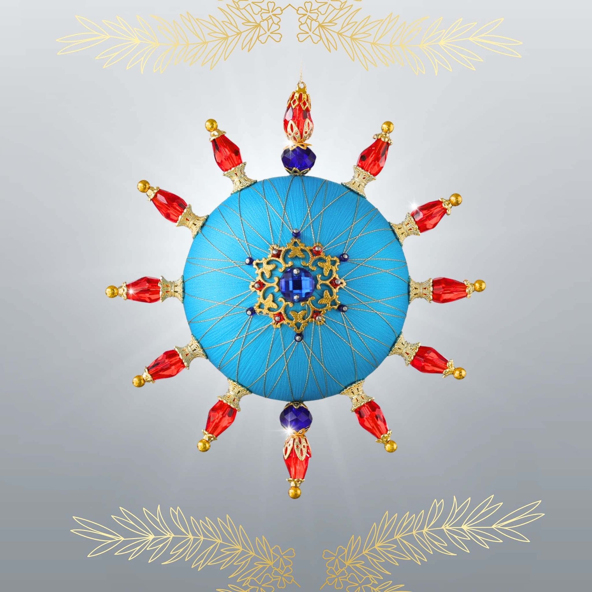 Handmade sequin & beaded push pin ornament in blue with real gold and glass red beads by Whim5seasons.