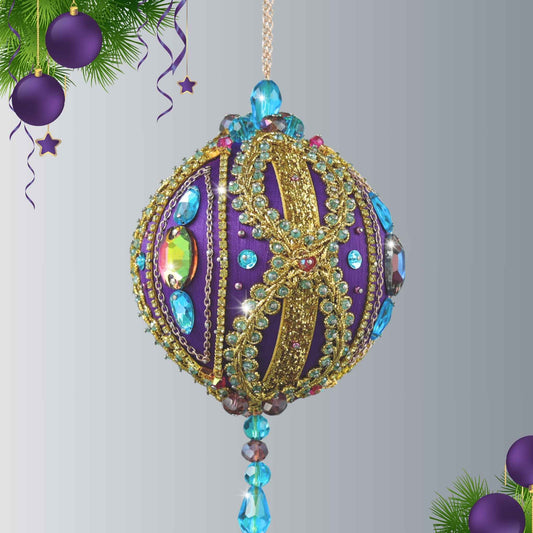 Handcrafted Christmas Beaded Ornament Ball embellished with glass rhinestones, gold braided trim, and crystal beads by Whim5seasons.