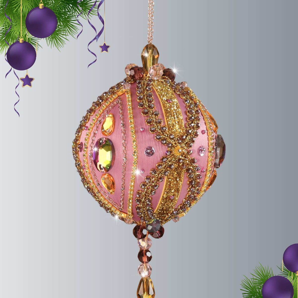 Handcrafted Christmas Beaded Ornament Ball embellished with glass rhinestones, gold braided trim, and crystal beads by Whim5seasons.