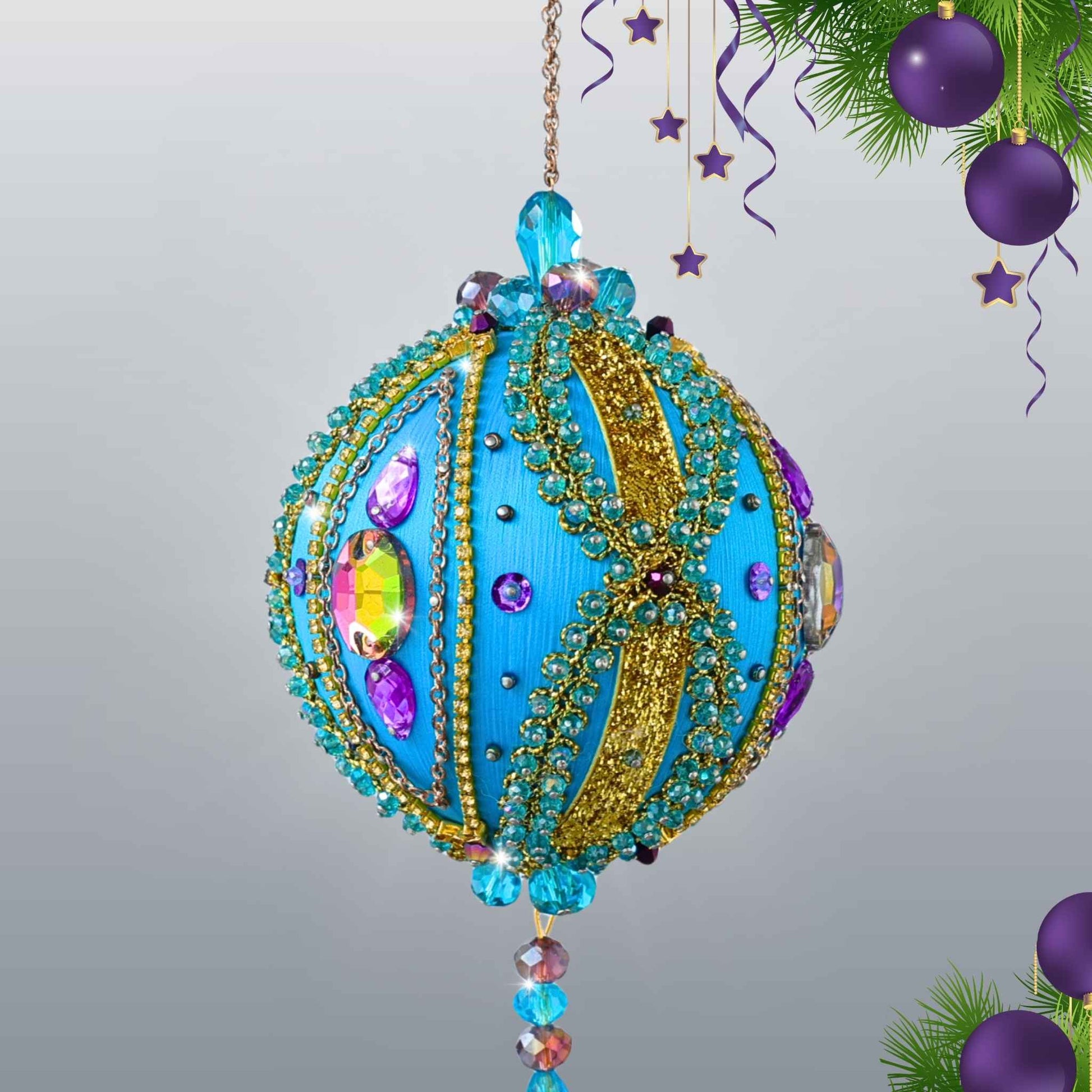 Christmas Beaded Ornament Ball embellished with glass rhinestones, gold braided trim, and crystal beads using dressmaker pins by Whim5seasons.