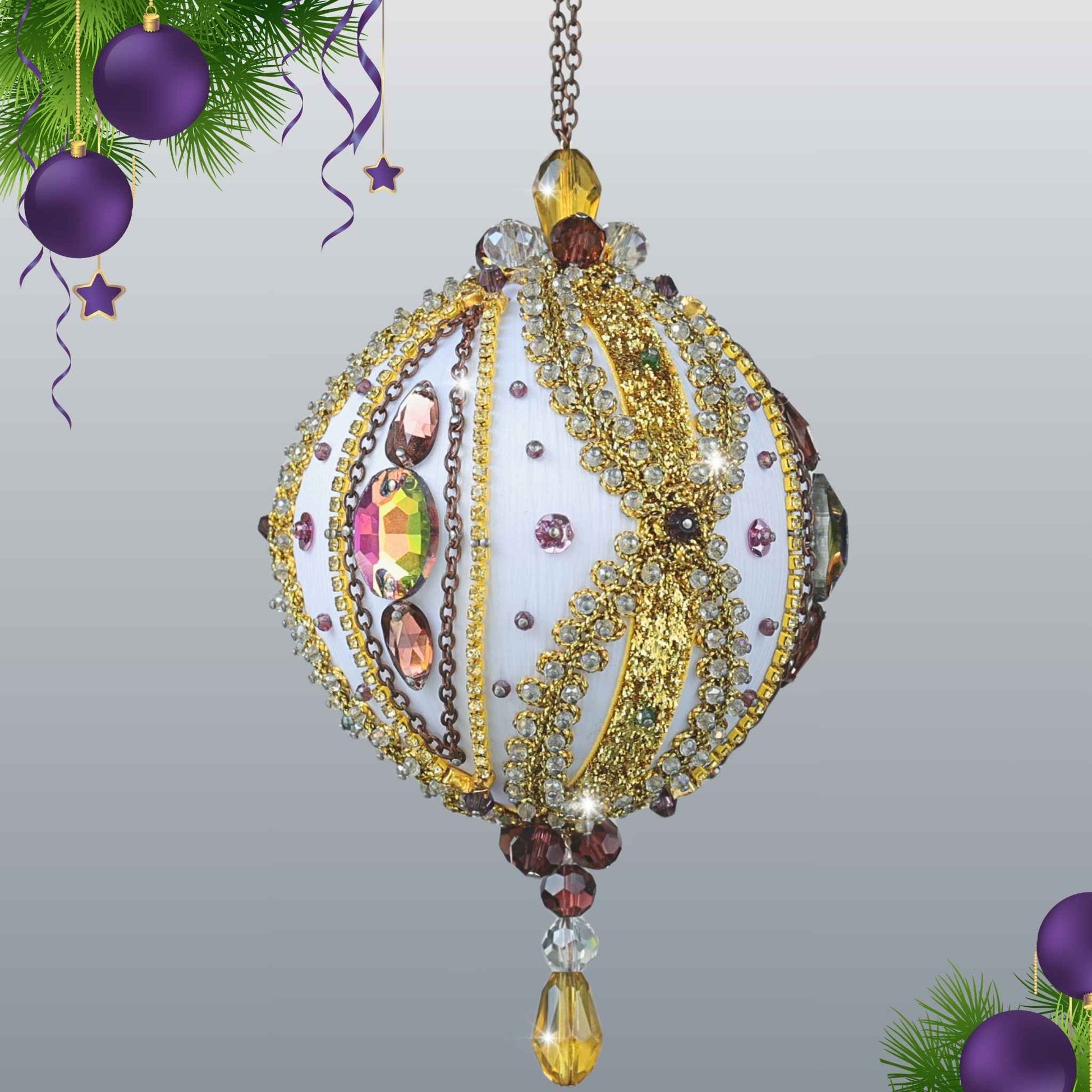 Sequined & Sequined Christmas Satin Ornament Ball embellished with glass rhinestones, gold braided trim, and crystal beads by Whim5seasons.
