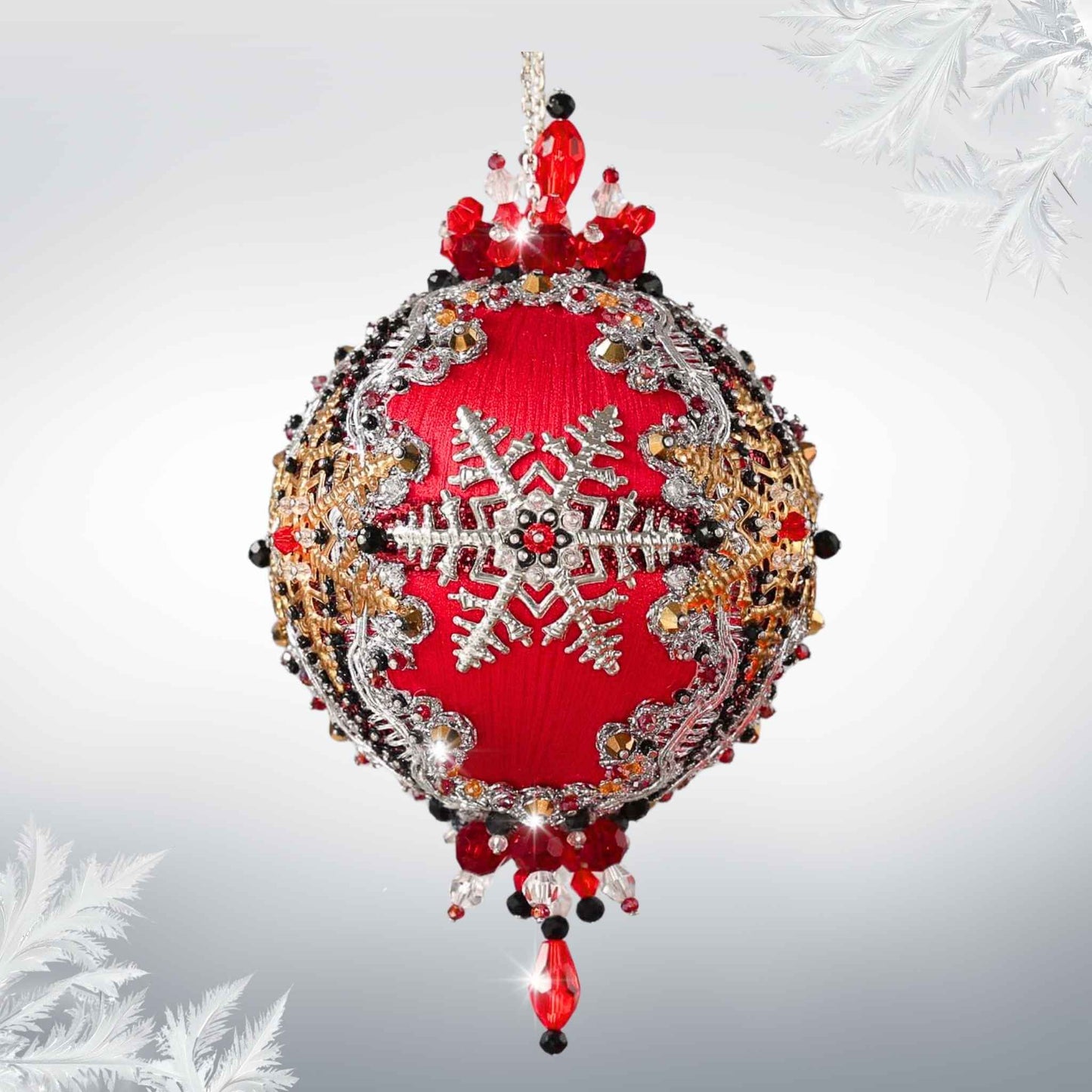 Handmade Christmas Push Pin Ornament featuring silver snowflakes, and metallic trim on a white background with a green holiday branch by Whim5seasons.