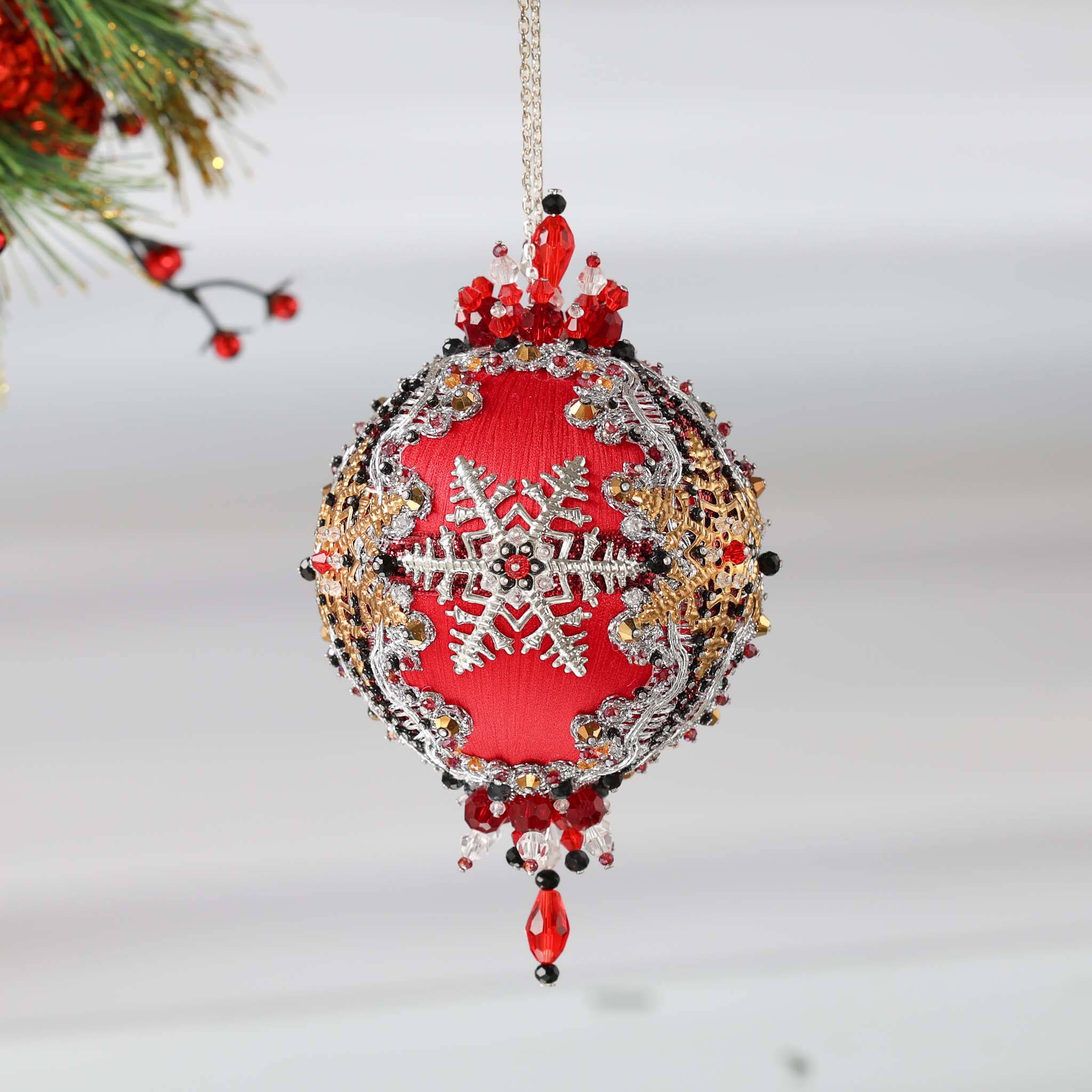 Handmade Christmas Push Pin Ornament featuring silver snowflakes, and metallic trim on a white background with a green holiday branch.  (Red).