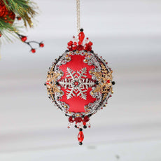 Handmade Christmas Push Pin Ornament featuring silver snowflakes, and metallic trim on a white background with a green holiday branch.  (Red).