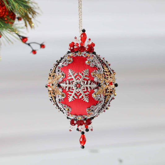 Handmade Christmas Push Pin Ornament featuring silver snowflakes, and metallic trim on a white background with a green holiday branch.  (Red).