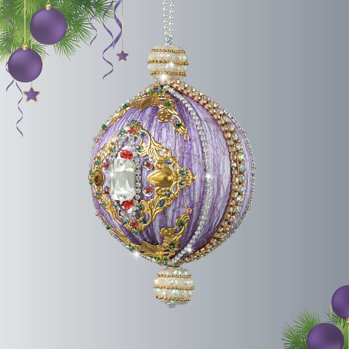 Handmade sequin & beaded mid-century style ornament featuring  clear rhinestones, hanging in front of a gray background and holiday decor by Whim5seasons.