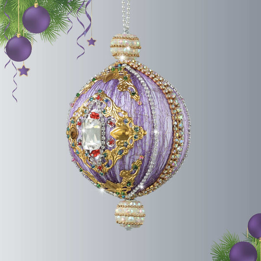 Handmade sequin & beaded mid-century style ornament featuring  clear rhinestones, hanging in front of a gray background and holiday decor by Whim5seasons.