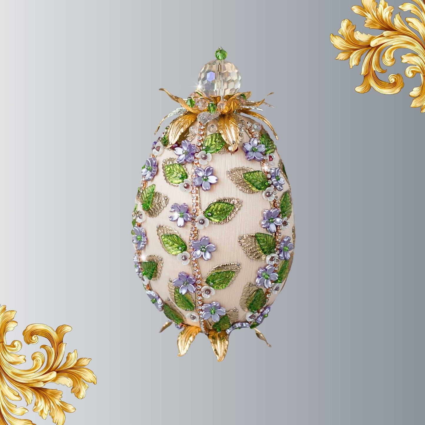 Handmade Easter Egg Push Pin Beaded Ornament embellished with flowers, leaves, gold floral trim, and crystal beads by Whim5seasons.