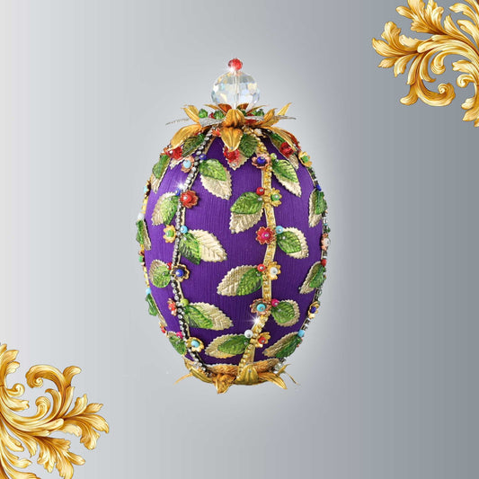 Large Purple Handmade Satin Easter Egg Beaded Ornament embellished with flowers, leaves, gold floral trim, and crystal beads - by Whim5seasons. 