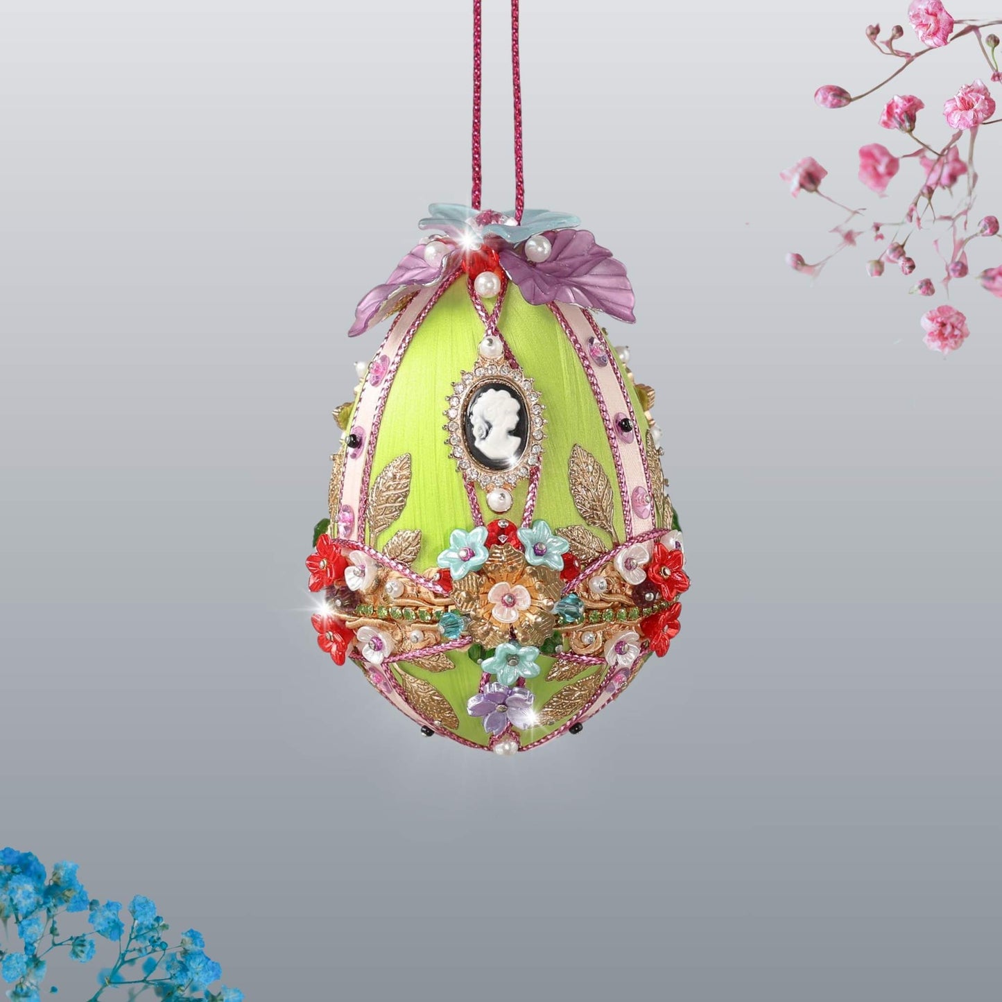 Decorative handmade opulent Easter egg push pin ornament richly embellished with flowers like a Faberge egg by Whim5seasons.