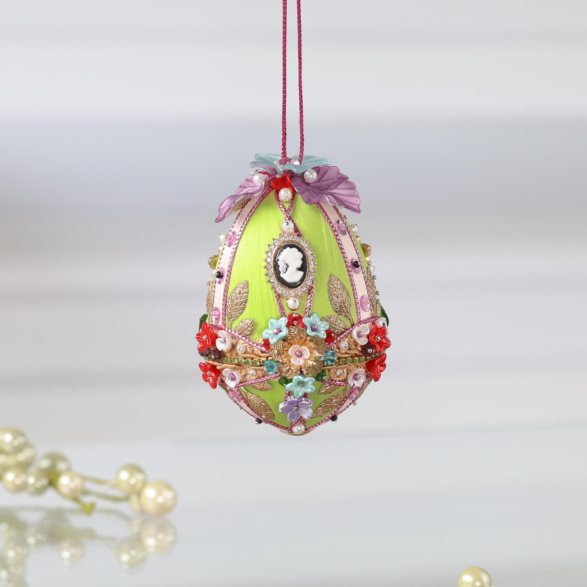 Decorative handmade opulent Easter egg push pin ornament richly embellished with flowers like a Faberge egg by Whim5seasons.