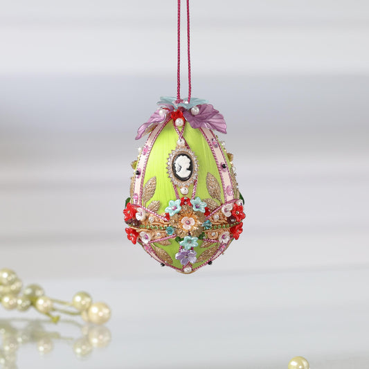Decorative handmade opulent Easter egg push pin ornament richly embellished with flowers like a Faberge egg by Whim5seasons.
