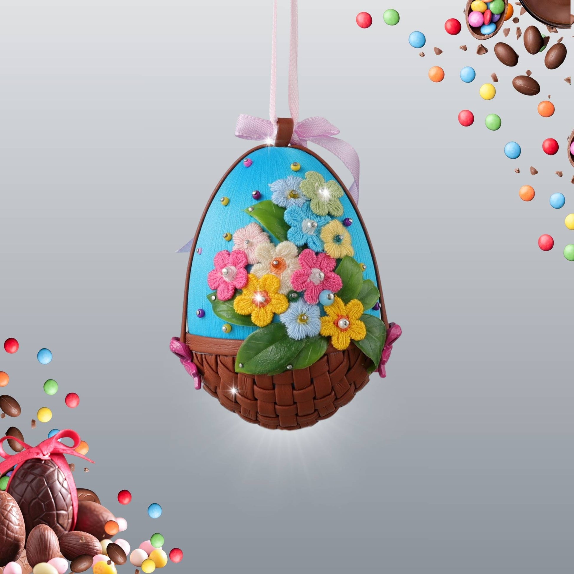 Handmade Beaded Easter eggs decoration with flowers, leaves, and beads on a pink egg-shaped ornament with a bottom styled as a basket by Whim5seasons.