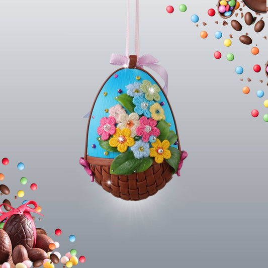 Handmade Beaded Easter eggs decoration with flowers, leaves, and beads on a pink egg-shaped ornament with a bottom styled as a basket by Whim5seasons.