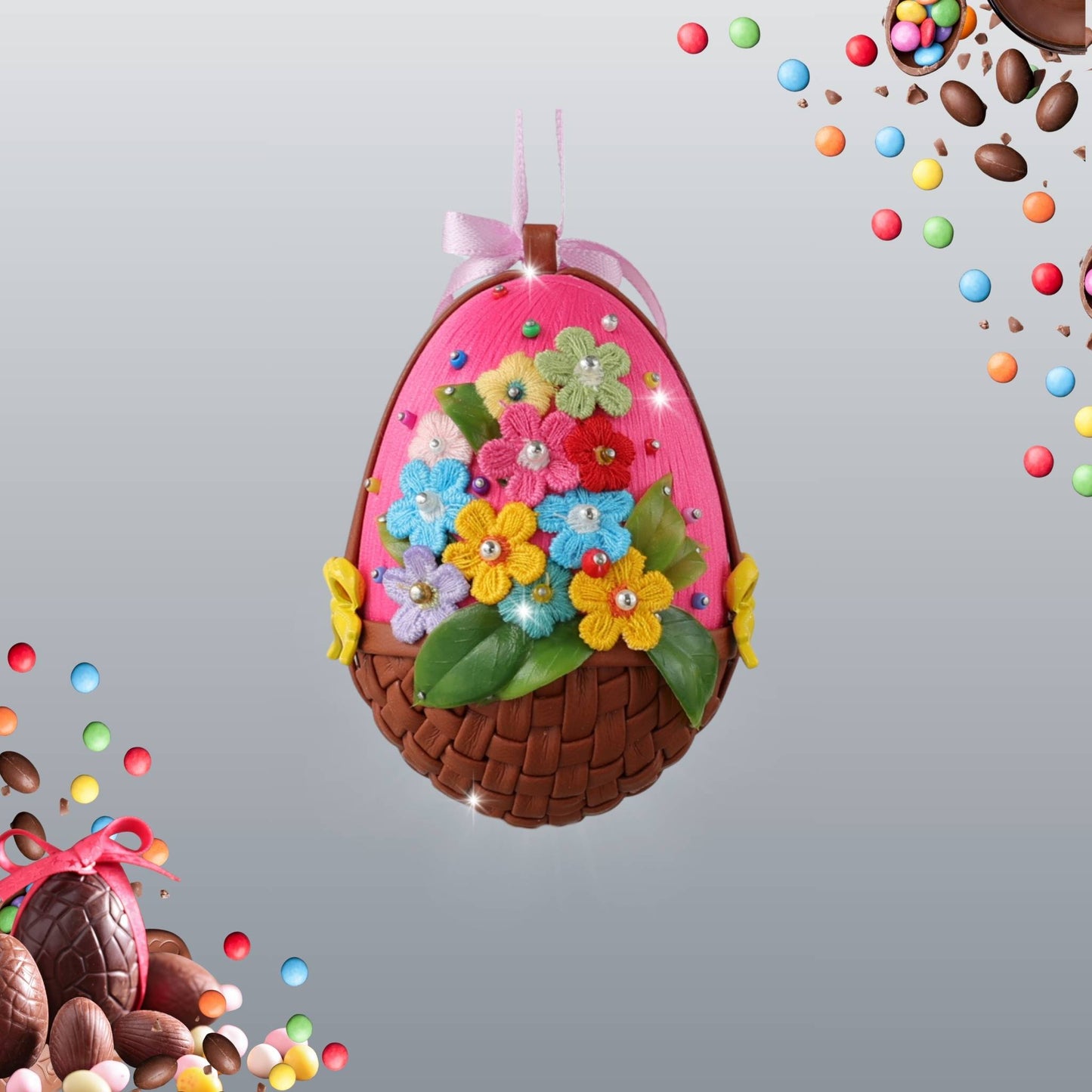 Handmade bright pink beaded Easter decoration featuring flowers, and beds pinned to a foam core egg by hand by Whim5seasons.