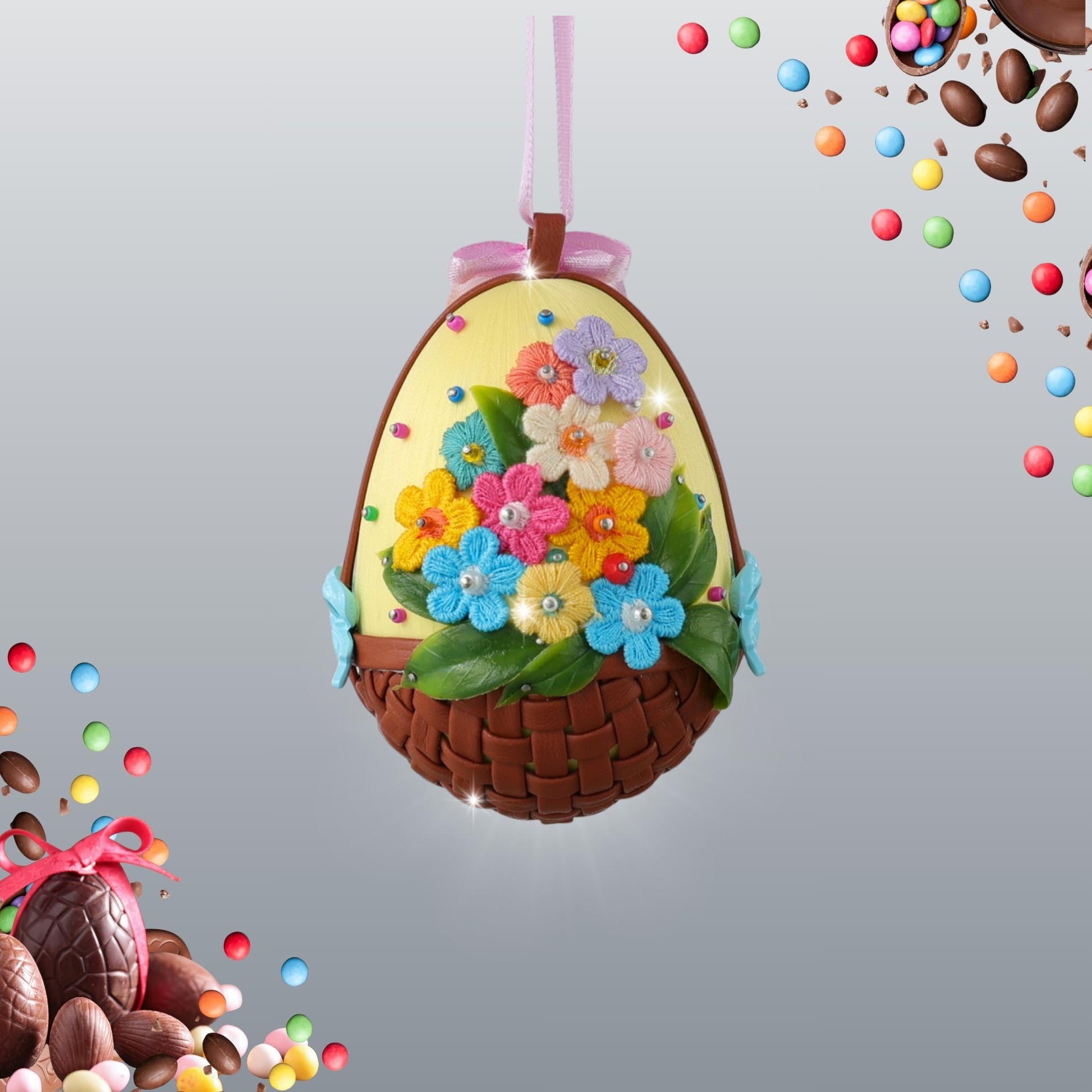 Colorful handmade Easter-themed egg ornament with embroidered flower accents, leather woven basket, and green leaf details by Whim5seasons.