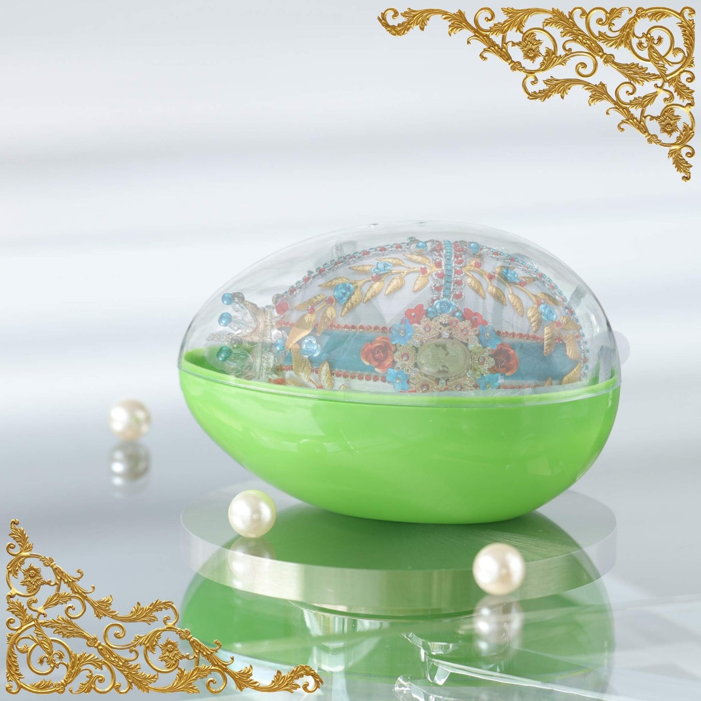 Green storage box with clear lid includes a handmade Easter egg push pin ornament with pearls on a reflective surface by Whim5seasons.
