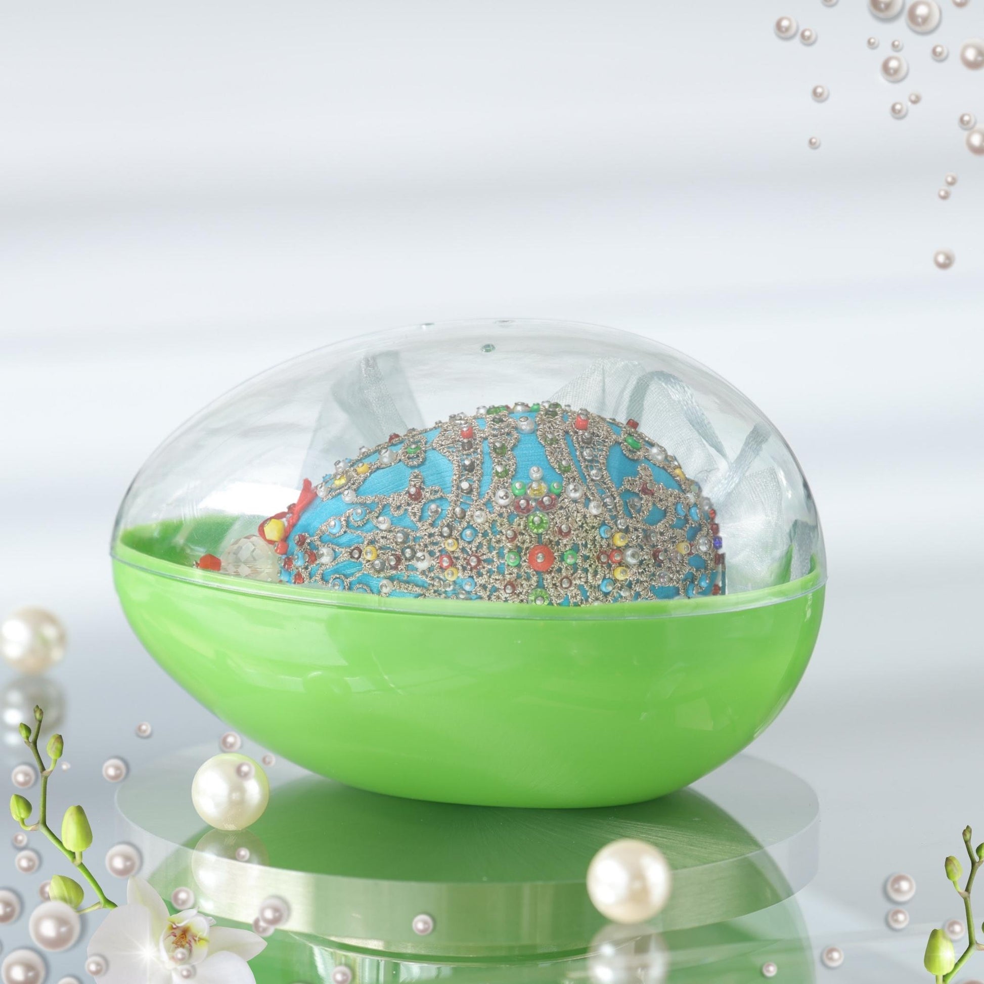 Handmade satin ornament Misbah in organza bag packed in an egg-shaped container with a clear lid by Whim5seasons.