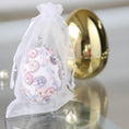 Load image into Gallery viewer, Handmade Easter egg push pin ornament in organza bag with a large gold egg container in the background featuring by Whim5seasons.
