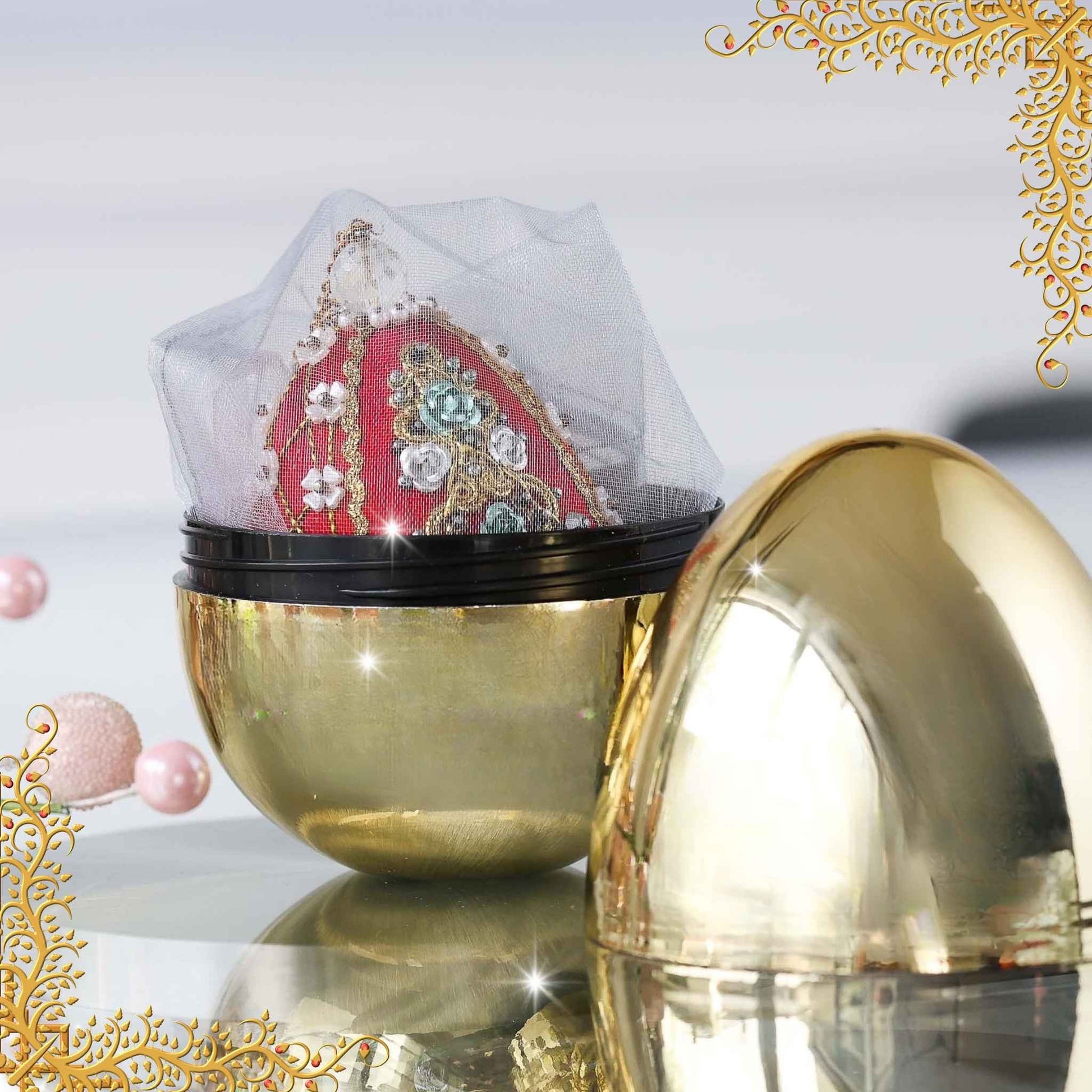 Decorative handmade easter push pin egg ornament in organza bag inside a gold storage container set against light gray background by Whim5seasons.
