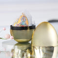 Load image into Gallery viewer, Festive handmade yellow easter push pin egg ornament in organza bag inside a gold storage container set against light gray background. (Dark Orange)
