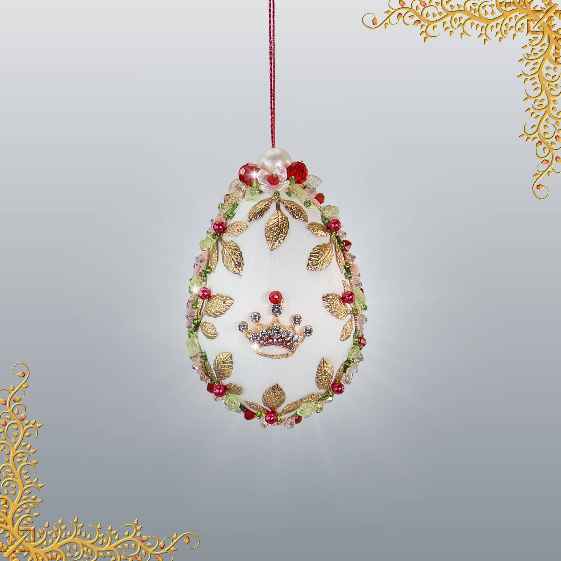 Handcrafted push pin Easter Egg Beaded Ornament embellished with flowers, gold leaves, floral trim, and crystal beads by Whim5seasons.
