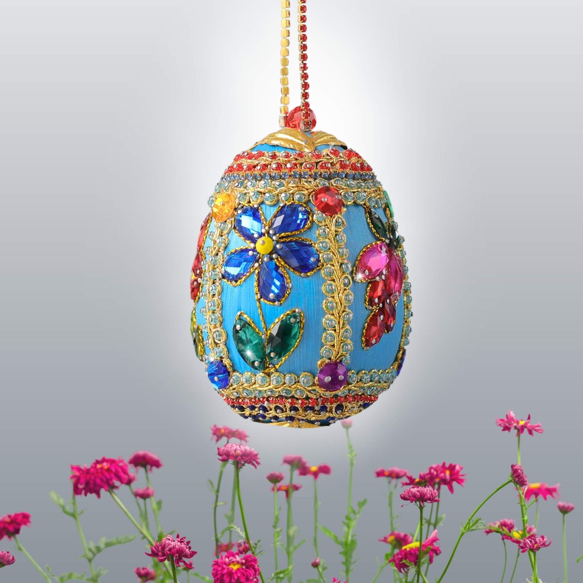 Opulent handmade Easter egg push pin ornament richly embellished with flowers made from rhinestones like a Faberge egg by Whim5seasons.