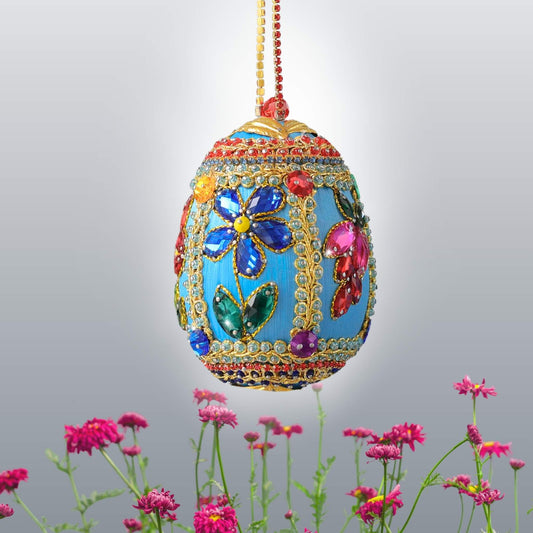 Opulent handmade Easter egg push pin ornament richly embellished with flowers made from rhinestones like a Faberge egg by Whim5seasons.