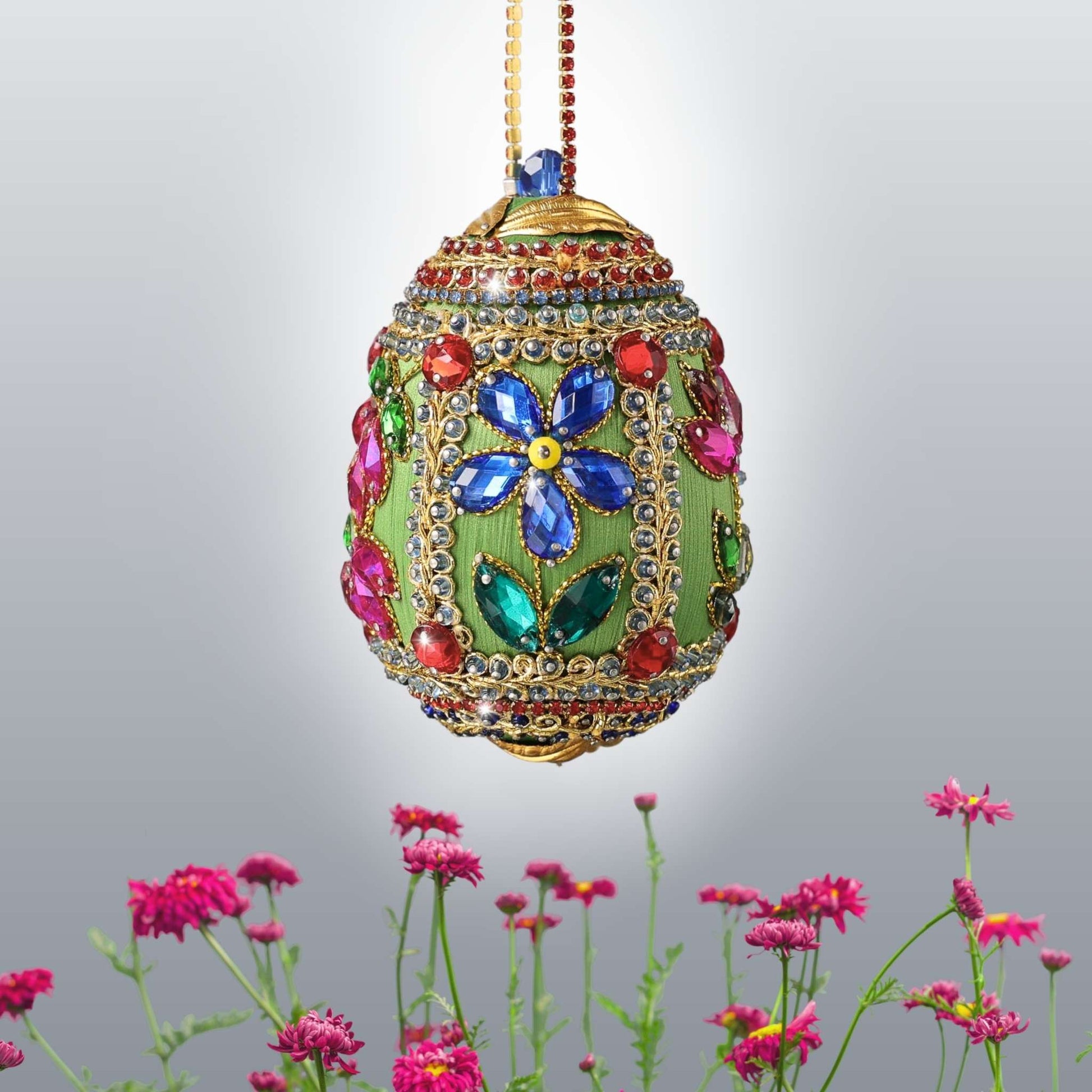 Sparkling handmade opulent Easter egg push pin ornament richly embellished with flowers like a Faberge egg by Whim5seasons.