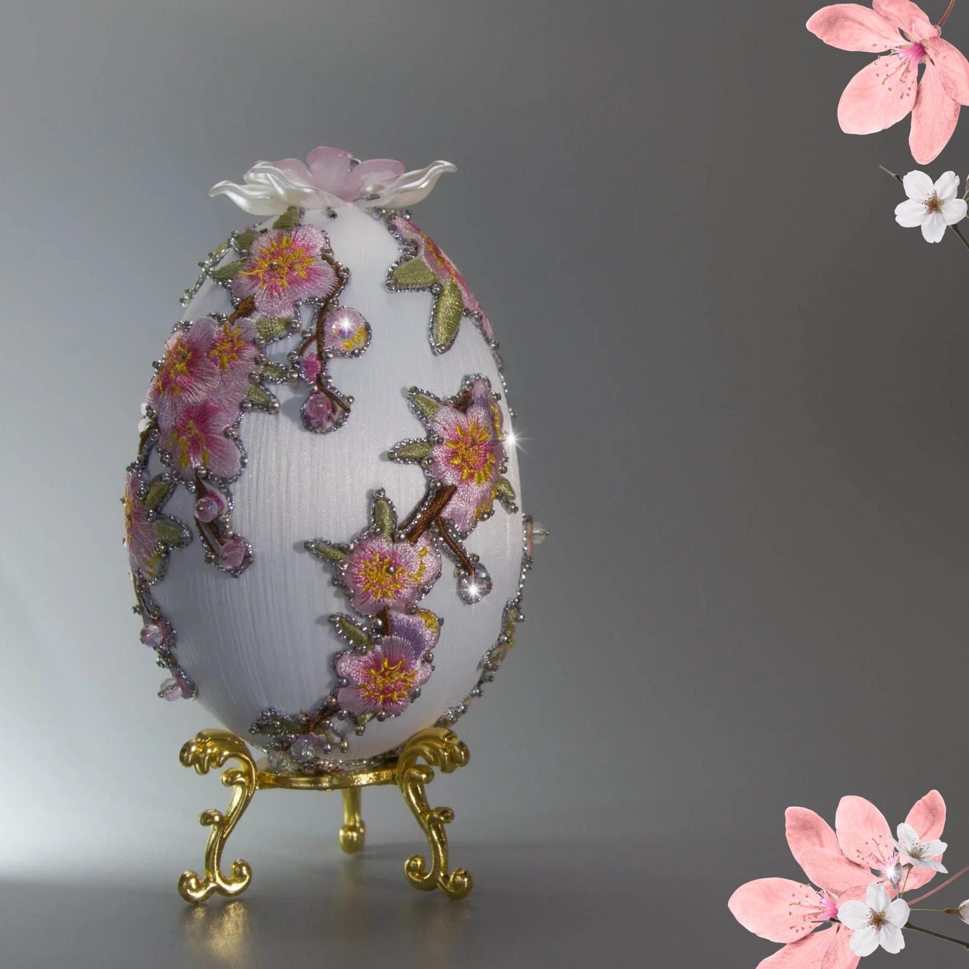 Handmade Retro Style Easter Egg Satin Ornament  by Whim5seasons - foam egg with pink flower embroidery patches and silver cording against a dark gray background by Whim5seasons.