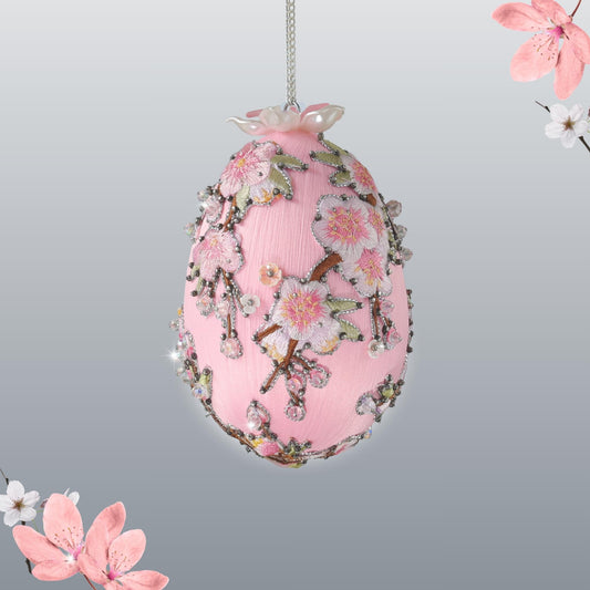 Handmade Easter Egg Push Pin Ornament  by Whim5seasons - pink satin egg with pink plum bloom embroidery patches, beads, and silver cording.