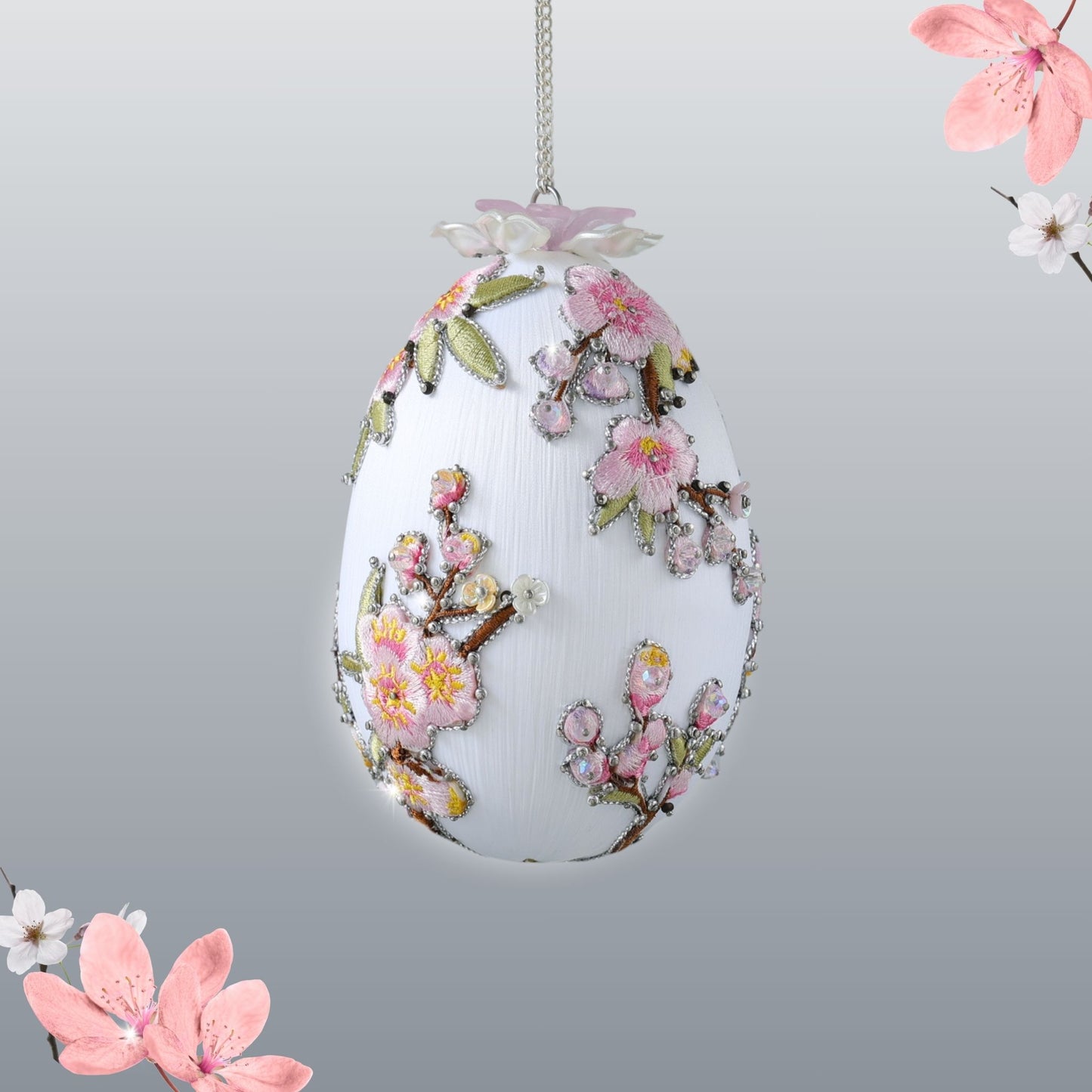 Handmade Easter Egg Satin Beaded Ornament  by Whim5seasons - DIY white satin egg meticulously crafted with embroidery patches, hundreds of beads, and silver cording by Whim5seasons.