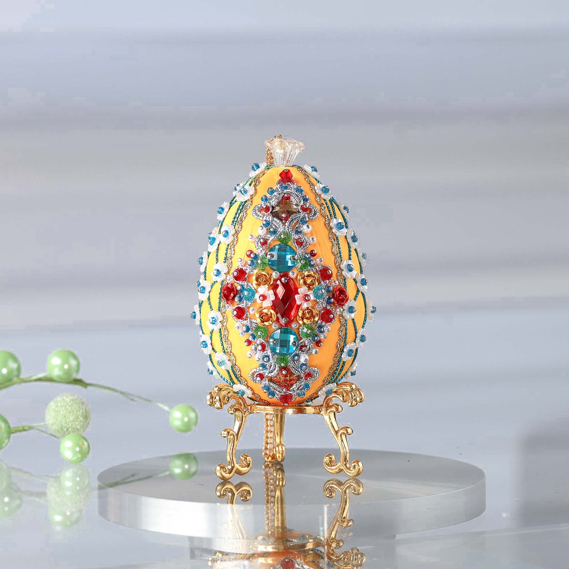 Handmade Easter Egg Ornament was completed by push pin method using premium  satin  gold egg shaped core, aluminum rose embellishments, gold beads, and metallic trim by Whim5seasons. (Dark Orange)
