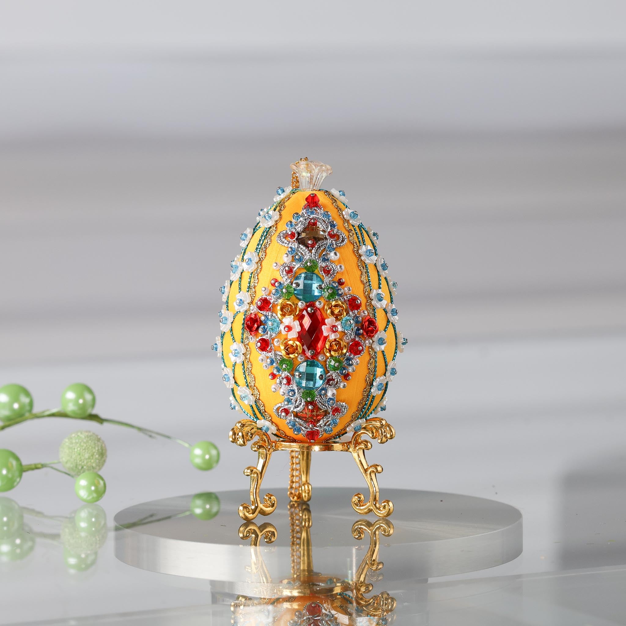Handmade Easter Egg Ornament was completed by push pin method using premium  satin  gold egg shaped core, aluminum rose embellishments, gold beads, and metallic trim.(Dark Orange)