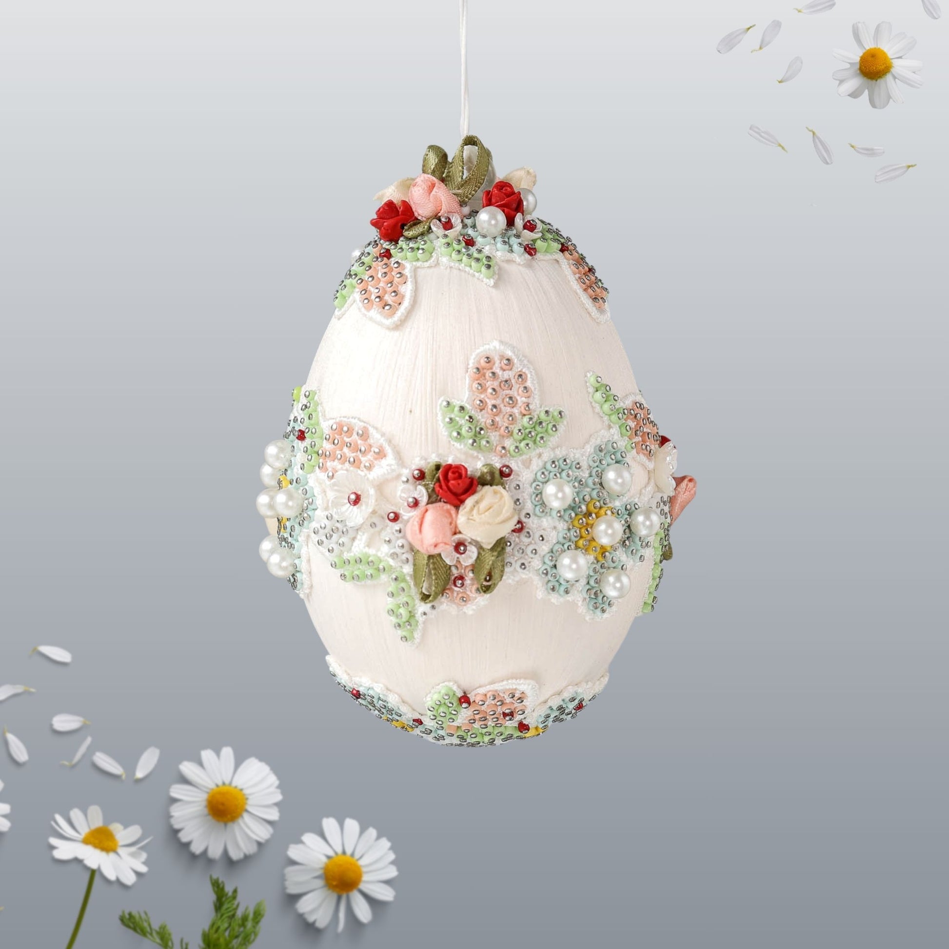 Decorative handmade large 4 inch Easter egg push pin ornament with floral and berry design on a white background by Whim5seasons.
