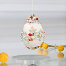 Decorative handmade large 4 inch Easter egg push pin ornament with floral and berry design on a white background by Whim5seasons. (Old Lace)