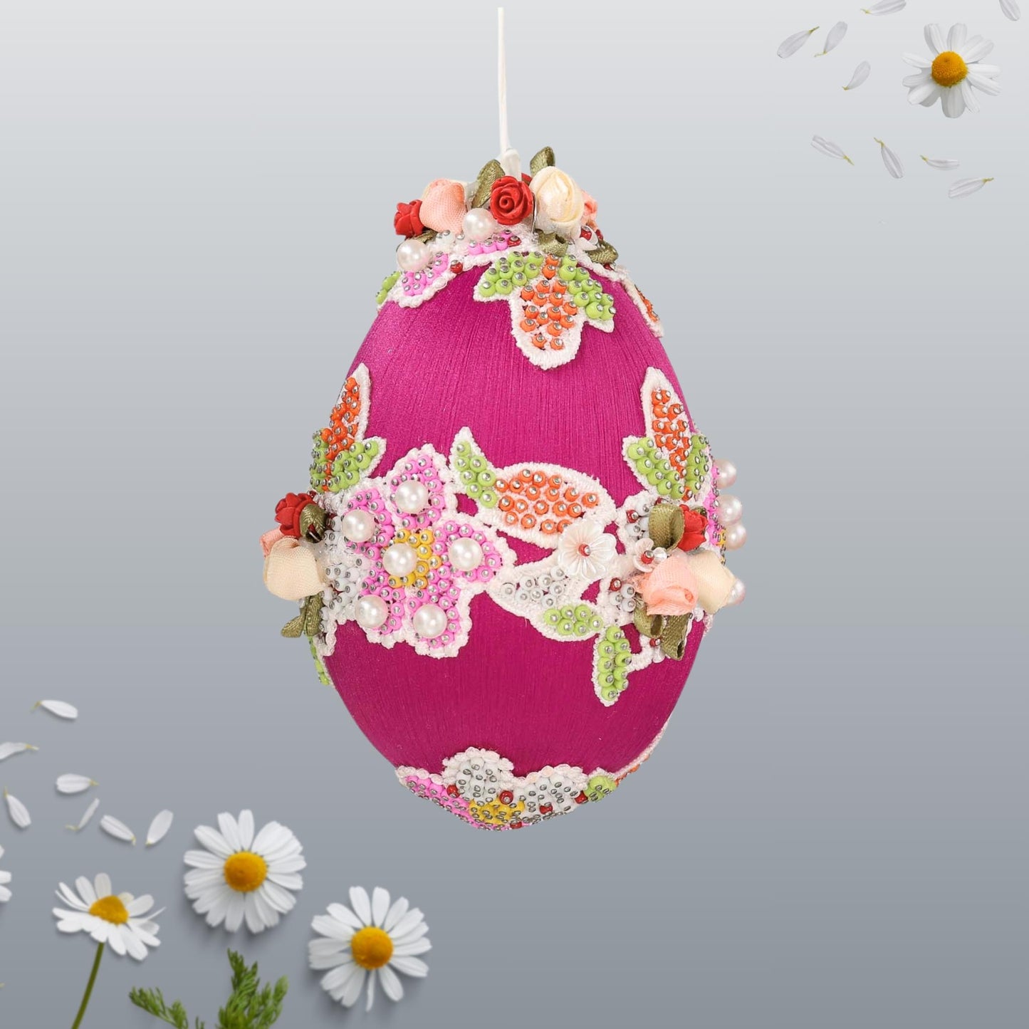 Festive bright purple Satin Easter egg ornament decoration handcrafted using seed beads and hundreds of dressmaker pins with floral patterns on a gray background by Whim5seasons.