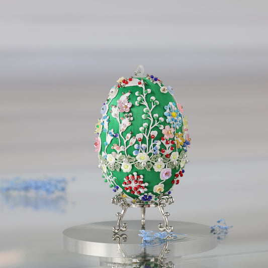 Decorative Easter egg push pin ornament with white floral patterns embellished with multicolor beads by Whim5seasons.