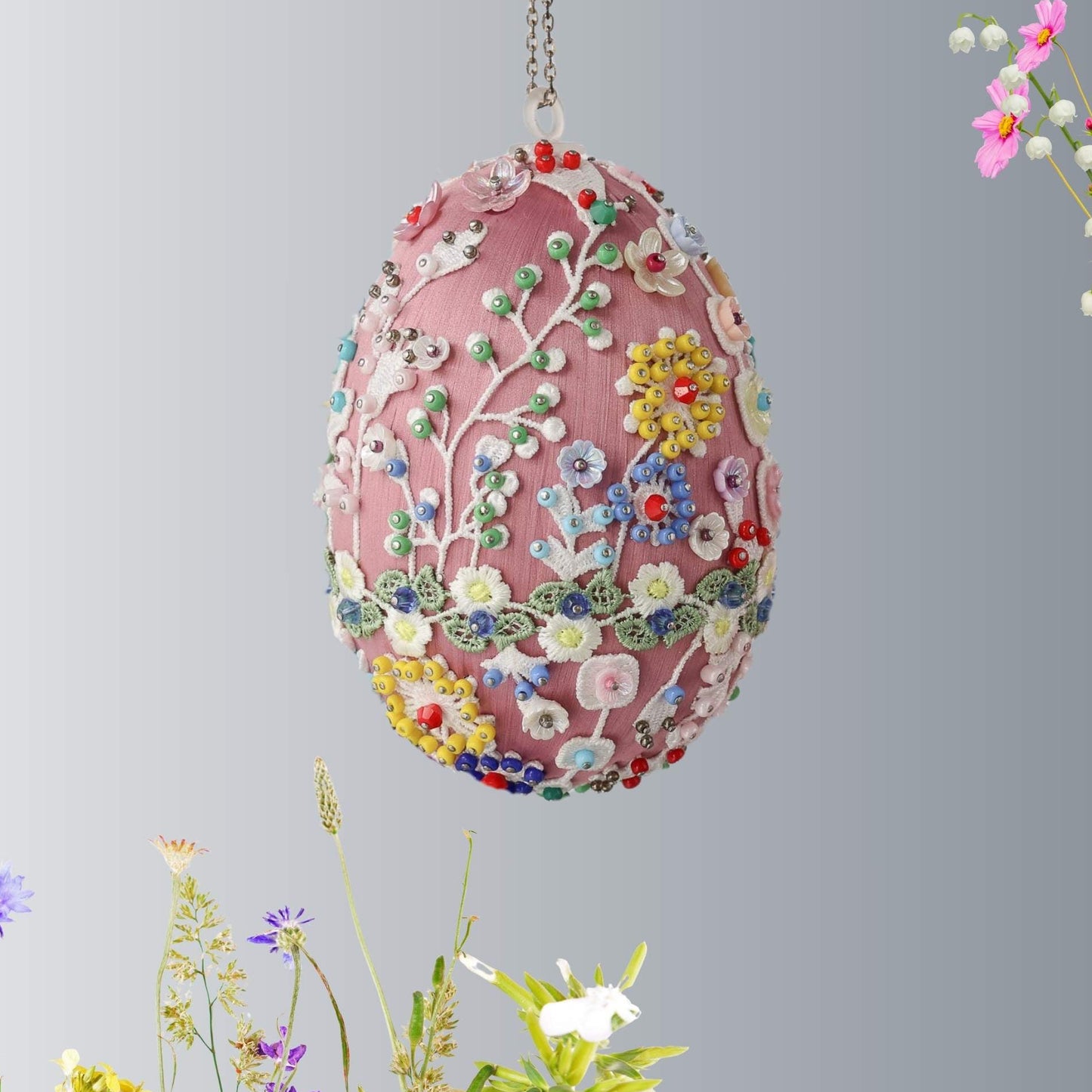 Large 4 inch mauve-colored Easter egg push pin ornament with white floral pattern lace, and embellished with multicolor beads by Whim5seasons.