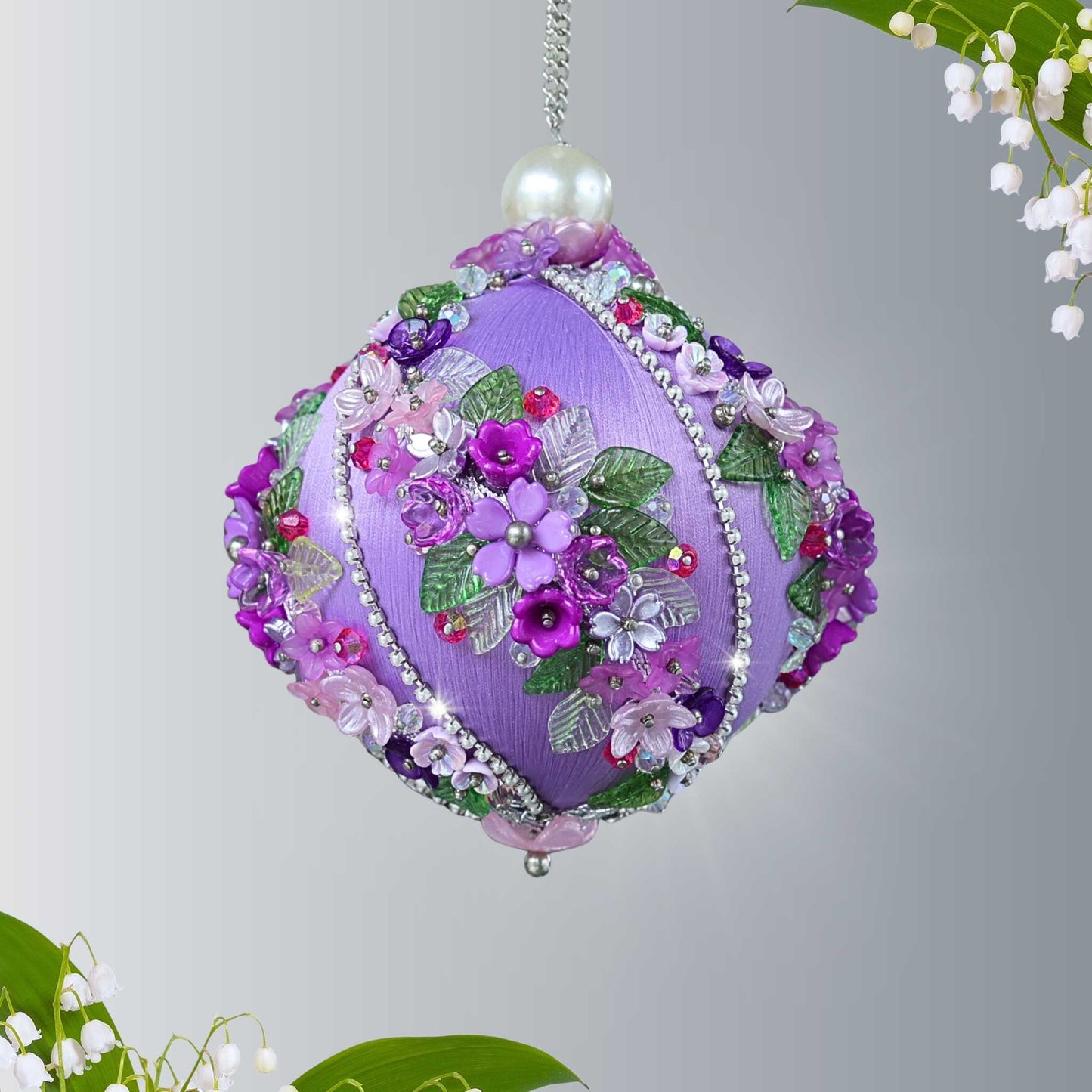 Handmade Sequin & Beaded Christmas Ornament Ball embellished with acrylic  flowers, leaves, rhinestone chains, and crystal beads by Whim5seasons.