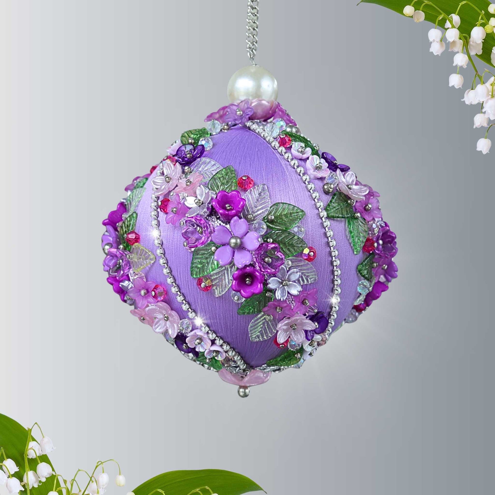 Handmade Sequin & Beaded Christmas Ornament Ball embellished with acrylic  flowers, leaves, rhinestone chains, and crystal beads by Whim5seasons.