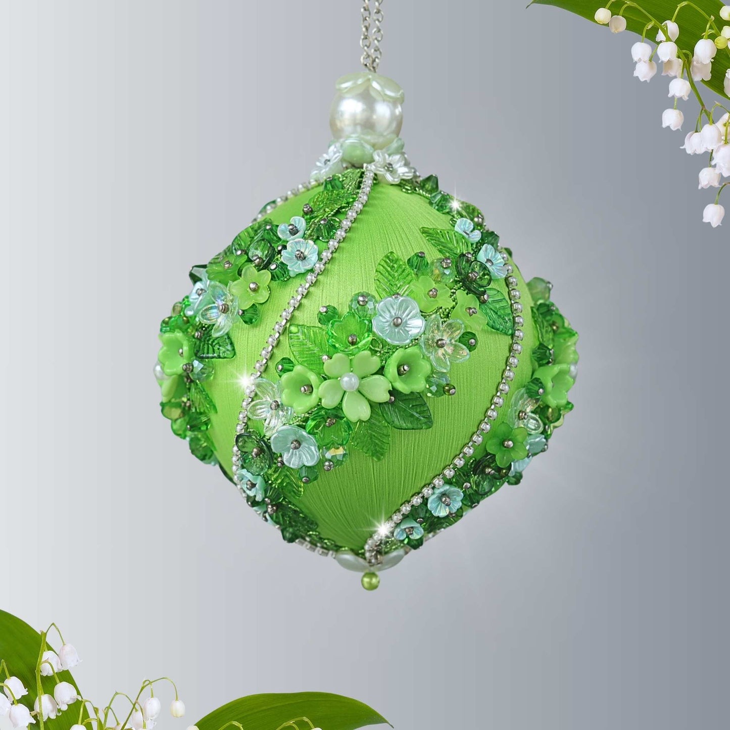 Christmas or Easter Beaded Ornament Ball embellished with acrylic  flowers, leaves, and crystal beads. Handmade by Whim5seasons.