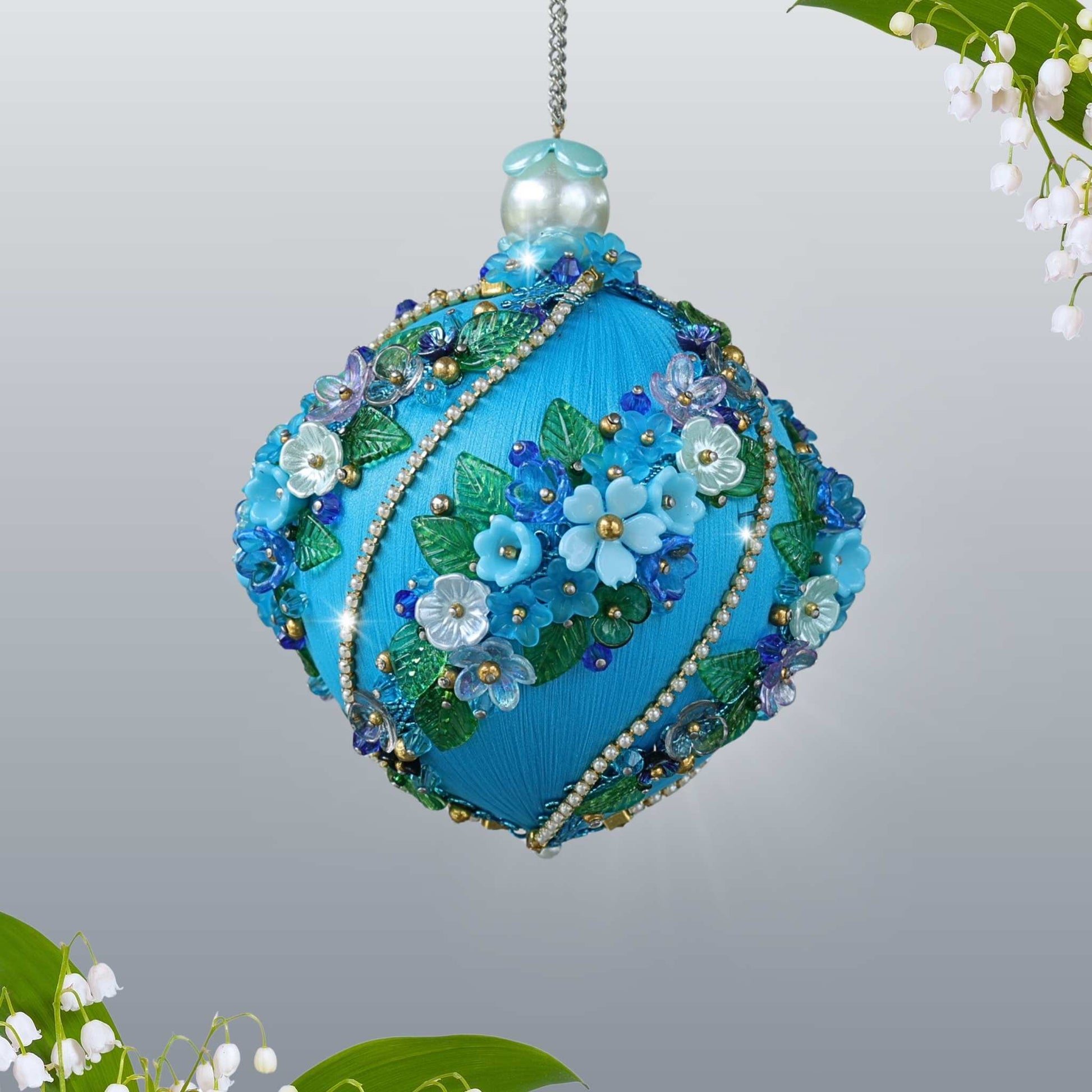 Christmas or Easter Beaded Satin Ornament Ball embellished with acrylic flowers, leaves, and crystal beads, applied by hand using dressmaker pins by Whim5seasons.