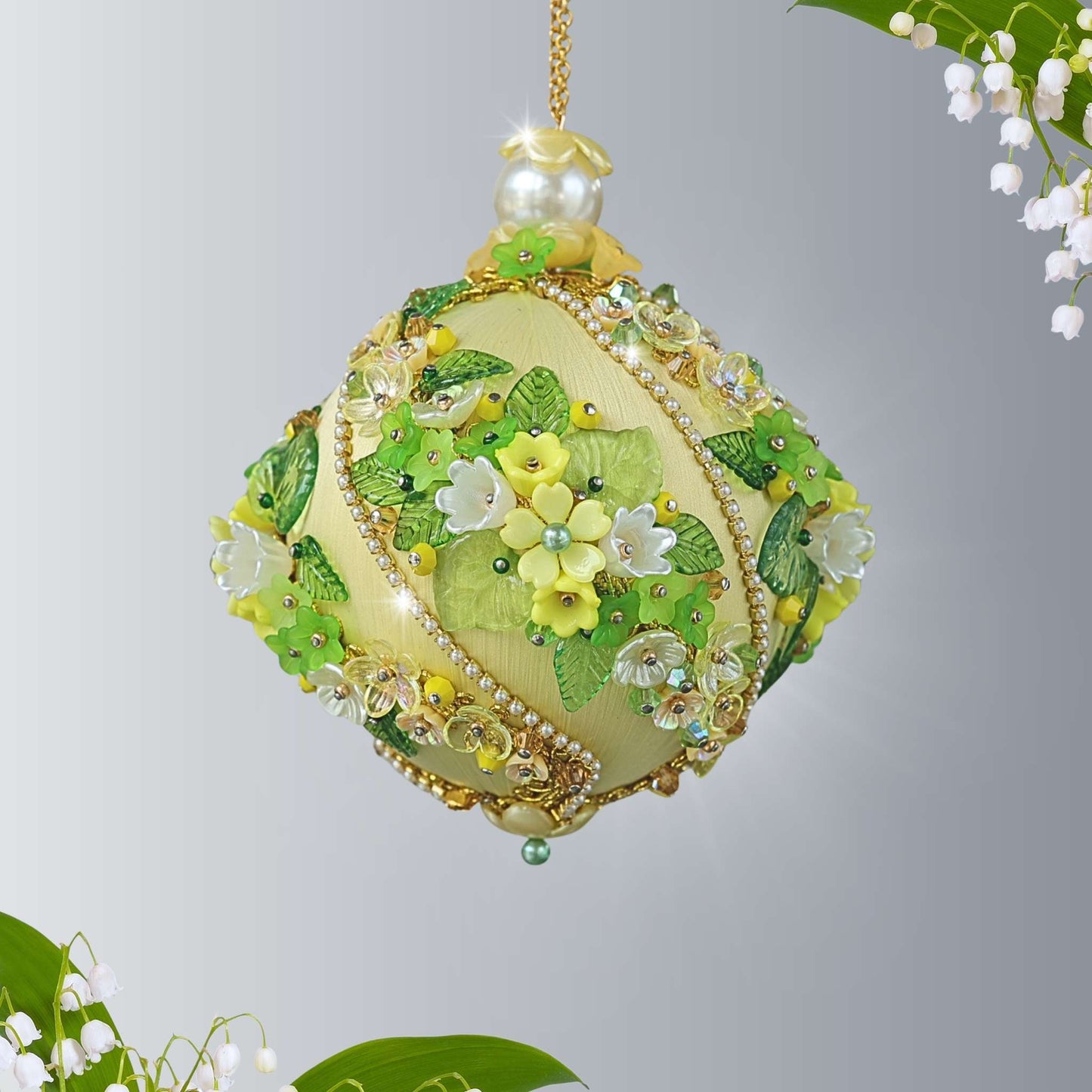 Christmas Beaded Satin Ornament Ball featuring flowery design, embellished with acrylic flowers, leaves, and crystal beads. Handmade by Whim5seasons.