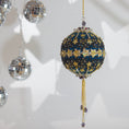 Load image into Gallery viewer, New Year Star Sequin Ornament from Whim5seasons features shiny rhinestone chains, gold star trim and sequin set on a rich fark blue satin ball. (Dark Slate Blue)
