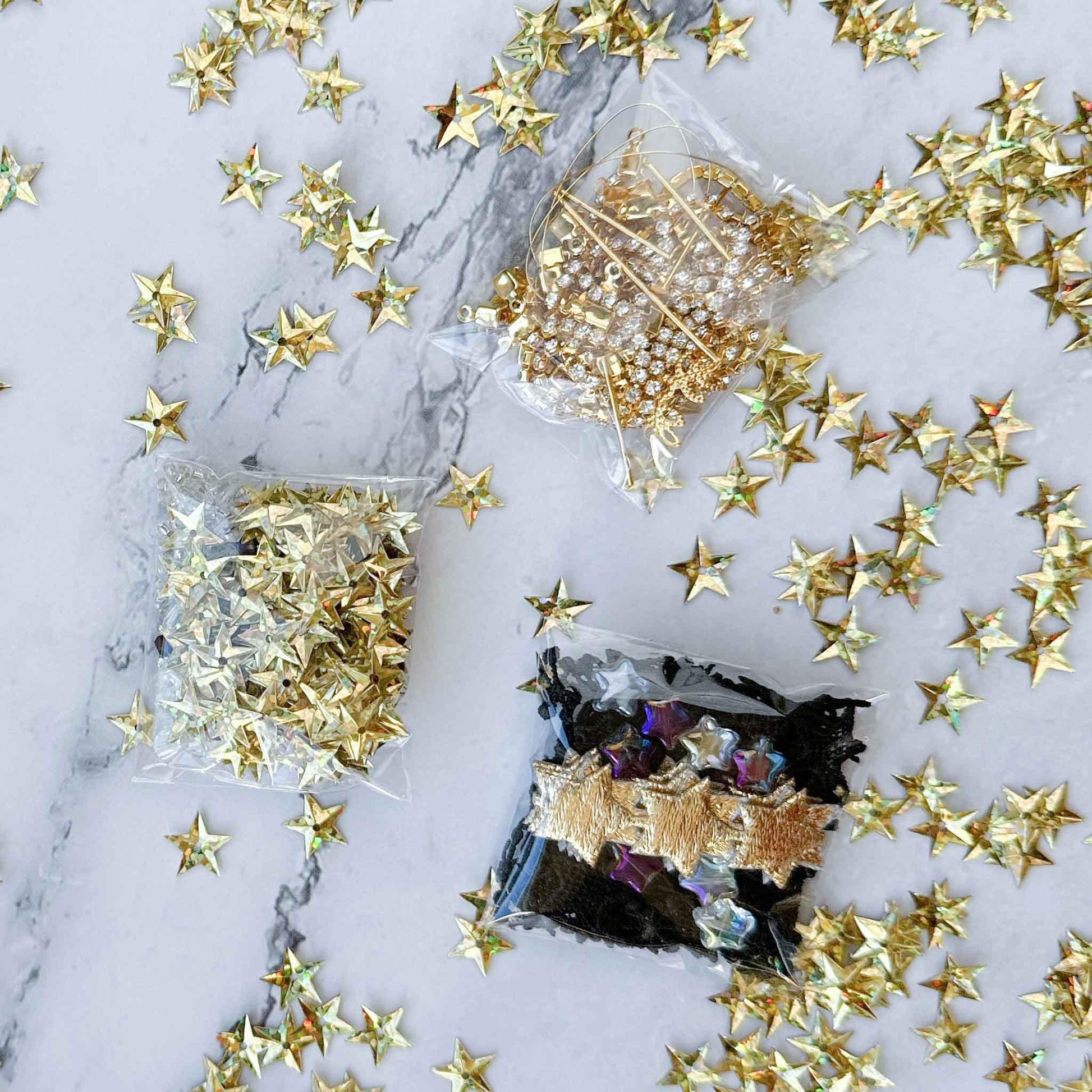 New Year Star Ornament Kit Materials include: gold star trim and sequin, rhinestone chains, pins, and more - from Whim5seasons. (Dark Slate Blue)