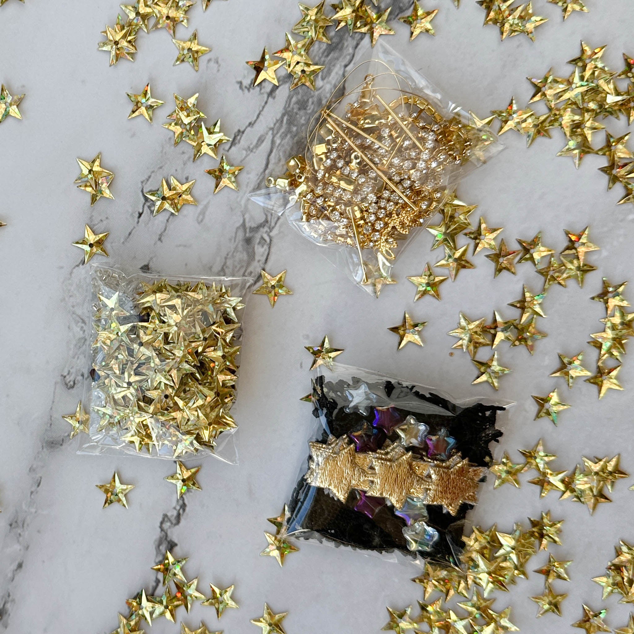 New Year Star Ornament Kit Materials include: gold star trim and sequin, rhinestone chains, pins, and more - from Whim5seasons. (Dark Slate Blue)
