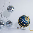 Load image into Gallery viewer, A close view of the bottom detail of New Year Star Ornament from Whim5seasons showcasing sparkling rhinestones, gold sequin stars, and crystal beads. (Dark Slate Blue)
